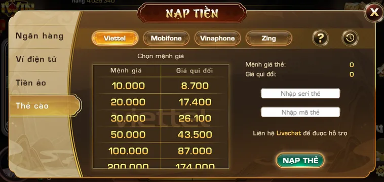 Nạp tiền qua thẻ cào tiền vào tài khoản chỉ trong phút tại Iwin.